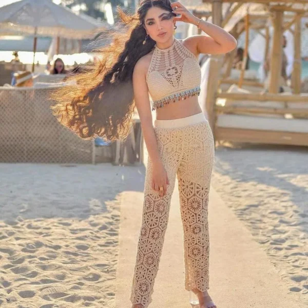 Amber Two Piece Crochet Top Pant Co-ord Set - Image 9