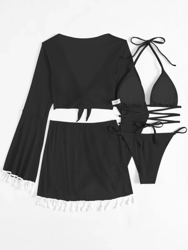 4 Pieces Lace Up Halter Triangle Bikini Swimsuit & Cover Up Top With Skirt - Image 19