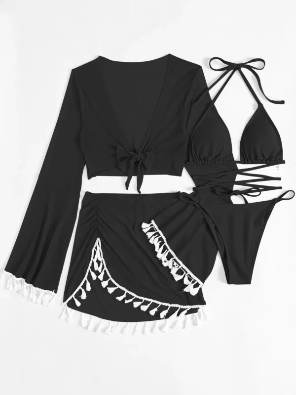 4 Pieces Lace Up Halter Triangle Bikini Swimsuit & Cover Up Top With Skirt - Image 5