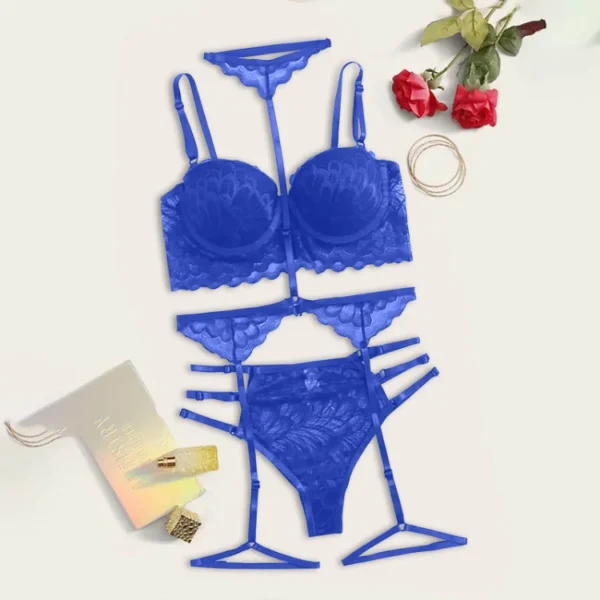 Three Pieces Lace Embroidery Underwear Set with Leg Loops Chest Pad - Image 5