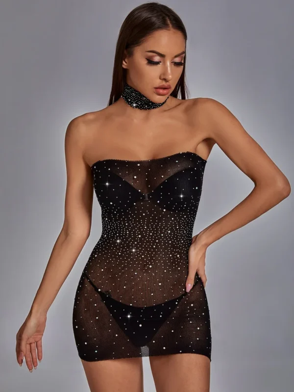 Rhinestone Tube Dresses Crystal Shinny Bodystocking Lingerie - Image 2