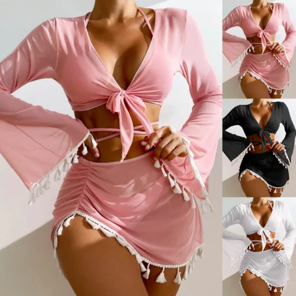 4 Pieces Lace Up Halter Triangle Bikini Swimsuit & Cover Up Top With Skirt