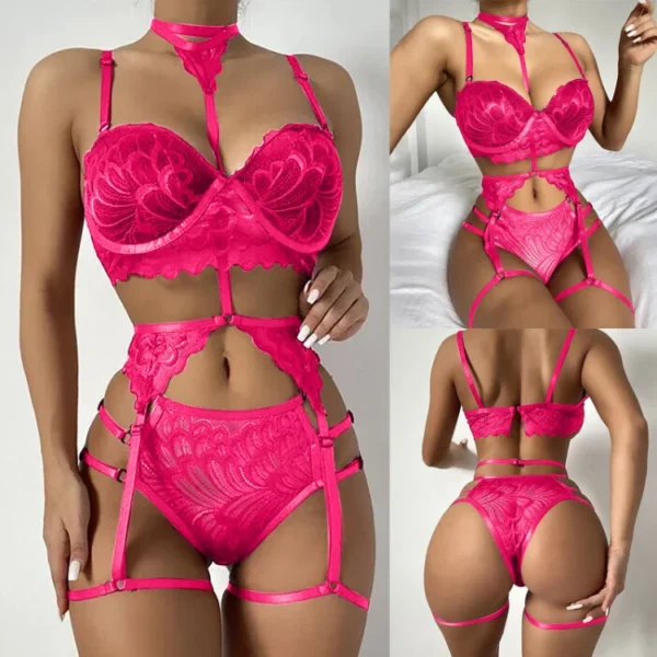 Three Pieces Lace Embroidery Underwear Set with Leg Loops Chest Pad - Image 2