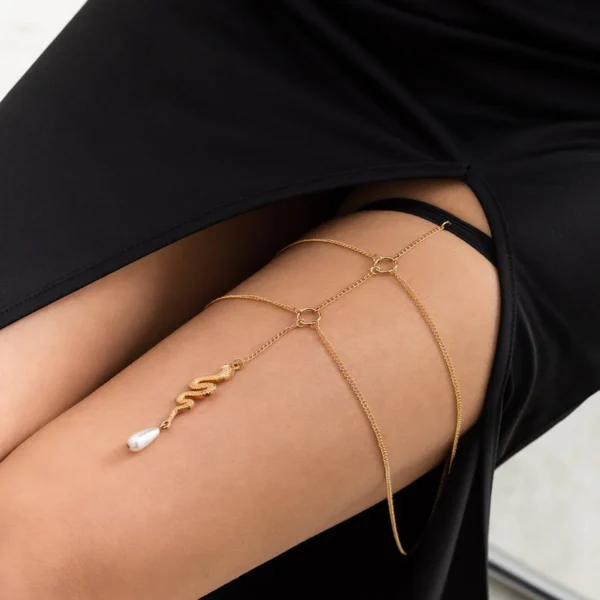 Bohemian Layered Snake Pearl Charm Elastic Thigh Leg Chain - Image 2