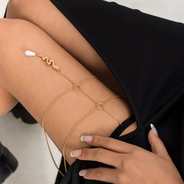 Bohemian Layered Snake Pearl Charm Elastic Thigh Leg Chain - Image 3