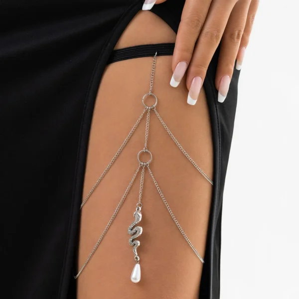 Bohemian Layered Snake Pearl Charm Elastic Thigh Leg Chain - Image 4