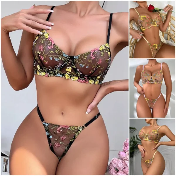 Women Floral Embroidery Lace Underwear Sexy Panty Bra Set Transparent Lingerie