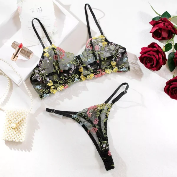 Women Floral Embroidery Lace Underwear Sexy Panty Bra Set Transparent Lingerie - Image 10