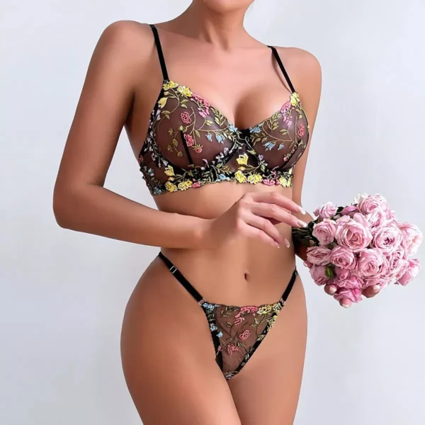 Women Floral Embroidery Lace Underwear Sexy Panty Bra Set Transparent Lingerie - Image 8