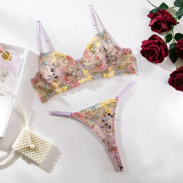 Women Floral Embroidery Lace Underwear Sexy Panty Bra Set Transparent Lingerie - Image 15