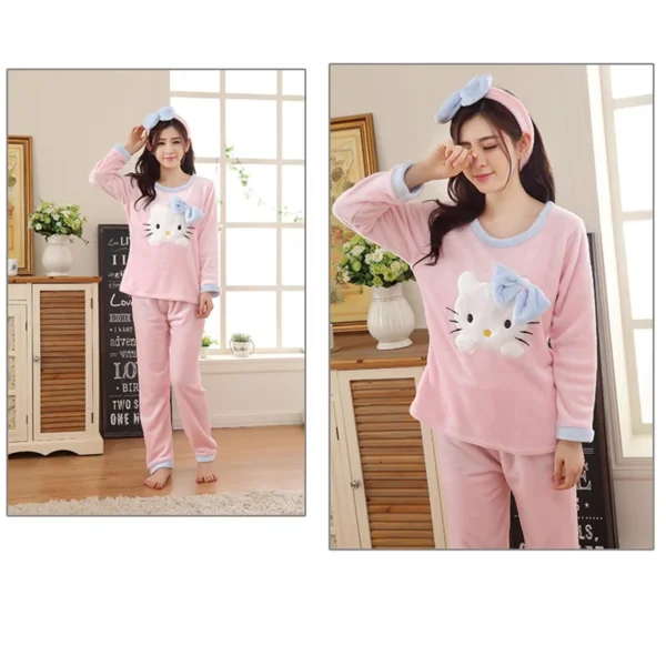 Women Hello Kitty Long Sleeve Pajamas Warm Home Clothes - Image 7