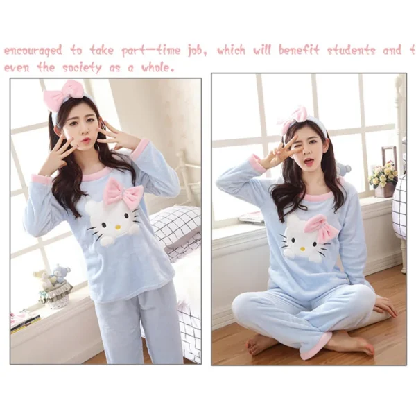 Women Hello Kitty Long Sleeve Pajamas Warm Home Clothes - Image 6