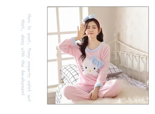 Women Hello Kitty Long Sleeve Pajamas Warm Home Clothes - Image 9