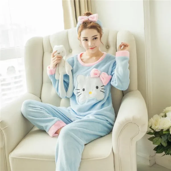 Women Hello Kitty Long Sleeve Pajamas Warm Home Clothes - Image 2